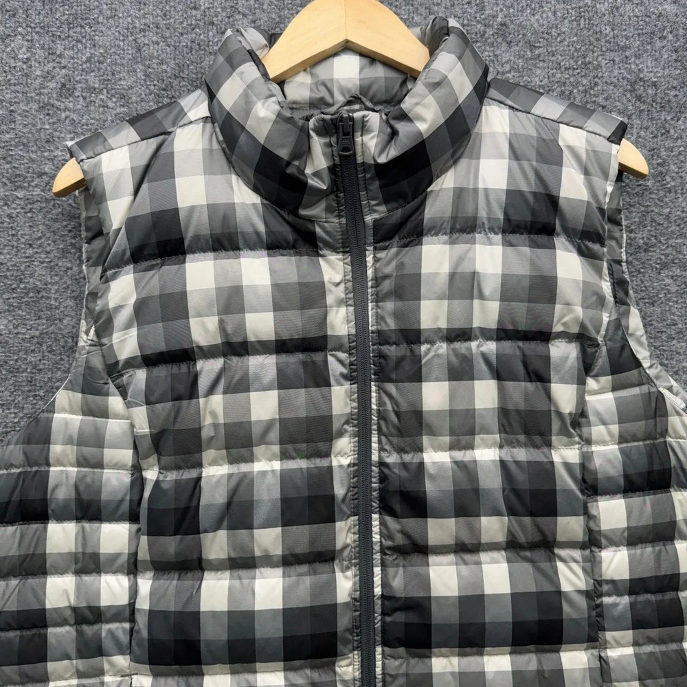 Lands'‎ End Buffalo Plaid Puffer Vest Women 2X Grey Black Down Insulated Outdoor
